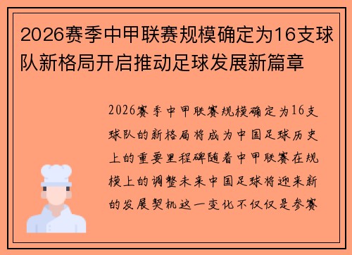 2026赛季中甲联赛规模确定为16支球队新格局开启推动足球发展新篇章 2026赛季中甲联赛规模确定为16支球队新格局开启推动足球发展新篇章