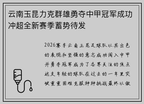 云南玉昆力克群雄勇夺中甲冠军成功冲超全新赛季蓄势待发 云南玉昆力克群雄勇夺中甲冠军成功冲超全新赛季蓄势待发